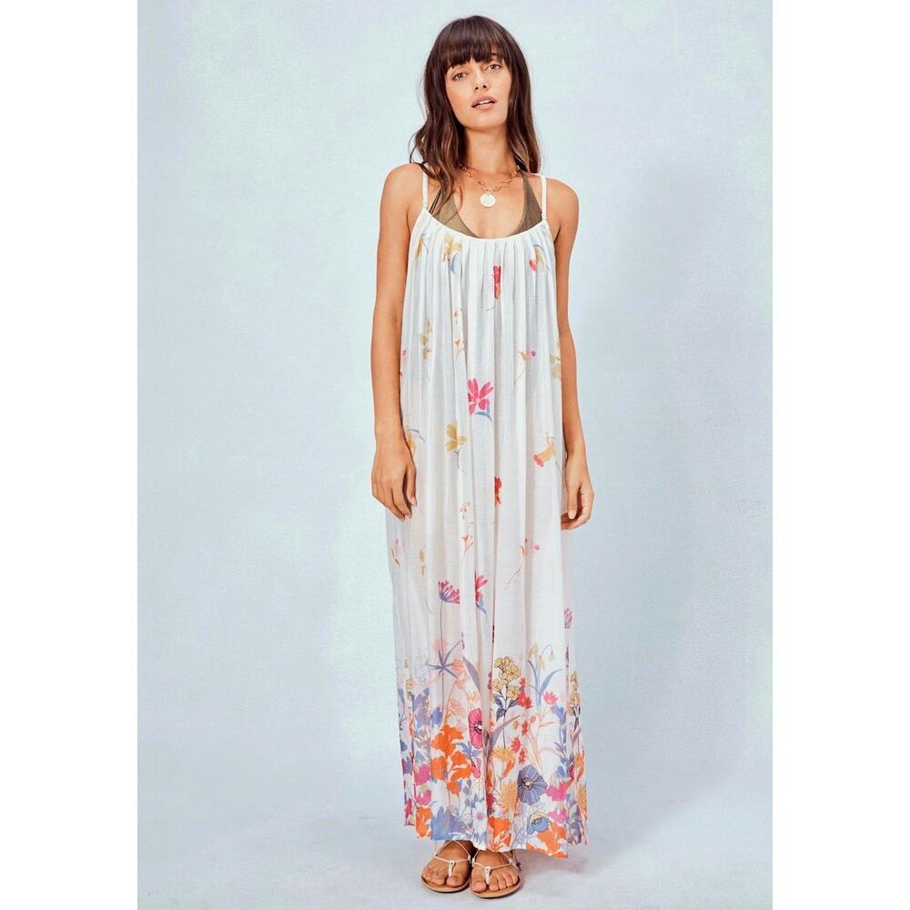 Lovestitch White Mimi Floral Print Sleeveless Scoop Neck Cross-Back Maxi Dress